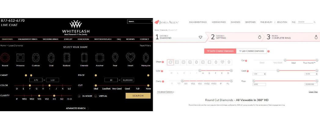 Whiteflash vs jamesallen Diamond Search Filter